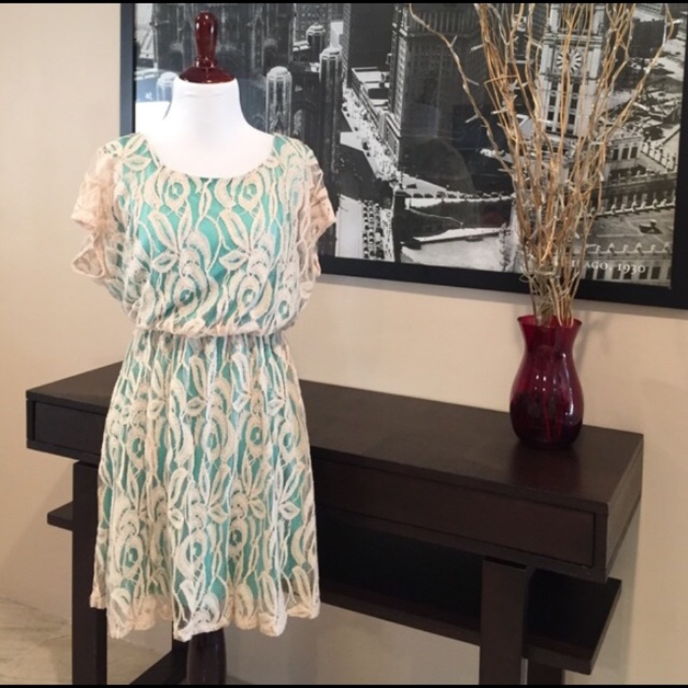 ModCloth Ivory Lace and Turquoise Dress